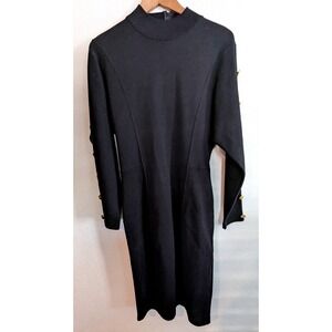 Vintage 80s Black Wool Blend Knit Midi Dress Gold Military Buttons Sz M